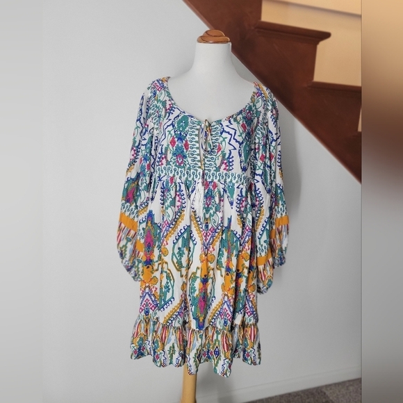 Rachel Zoe Plus Tunic Top 3X Tie Front 3/4 Sleeve Colorful Boho New - Picture 3 of 6